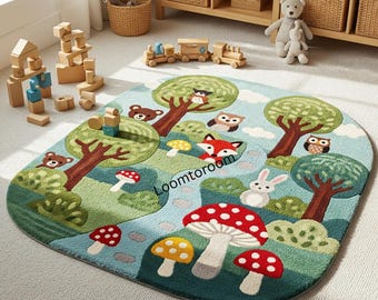Woodland Forest Animals Playroom Rug, Hand-Tufted Children's Carpet, Mushroom Nursery Mat