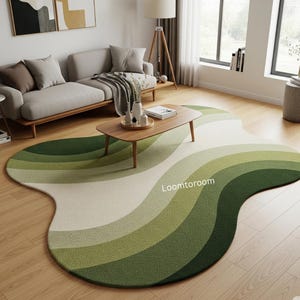 Organic Green Wavy Rug, Abstract Ombre Shaped Carpet, Modern Hand-Tufted Living Room Decor, Custom Floor Mat