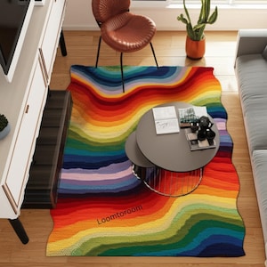 Groovy Rainbow Rug, Retro Wavy Area Rug, Colorful Mid-Century Modern Rug, Hand-Tufted Wool Blend Rug