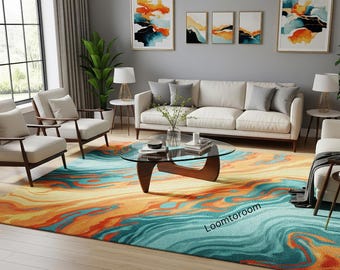 Alfombra moderna de mezcla de lana tejida a mano con diseño abstracto en espiral, color verde azulado y naranja.