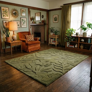 Alfombra con diseño de hojas botánicas / Decoración moderna y acogedora con relieve de naturaleza verde