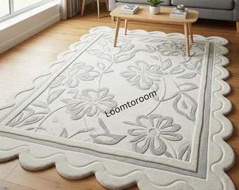 Tappeto floreale con bordo smerlato / Perfetto per cameretta, camera da letto e soggiorno, un regalo unico per l'inaugurazione della casa.