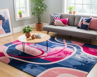 Abstract Wool Area Rug | Hand-Tufted Wavy Design, Pink & Blue