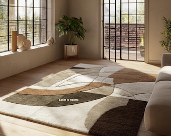 Modern neutral beige & brun salviagrön abstrakt matta | Mjuk 3D-texturerad vardagsrumsmatta | Modern jordfärgad inredning