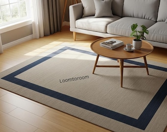 Handgewebter Teppich in Marine und Beige, moderner minimalistischer Teppich, modernes klassisches Dekor