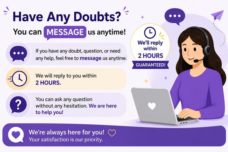 Puede incluir: Ilustraci&oacute;n con texto "Have Any Doubts?" y "MESSAGE us anytime!". Una mujer con auriculares est&aacute; sentada frente a una computadora port&aacute;til. Tambi&eacute;n se muestran burbujas de texto y un icono de reloj. El texto promete una respuesta en 2 horas.