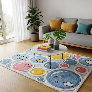 Playful Bubbles Area Rug | Hand-Tufted Wool Carpet | Whimsical Kids&#39; Room Decor | Colorful Living Room Mat | Unique Nursery Rug
