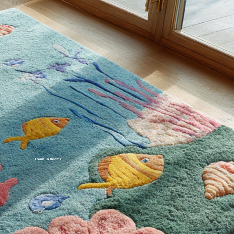 Puede incluir: Una alfombra azul con una escena submarina con peces amarillos, corales y algas marinas. La alfombra tiene una superficie texturizada y un dise&ntilde;o caprichoso. El texto "Loom To Rooms" es visible.