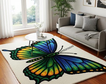 Handgetufteter Schmetterlingsteppich aus Wolle | Bunter Tier Muster Teppich, Moderner Botanischer Kunst Teppich, Sondergröße