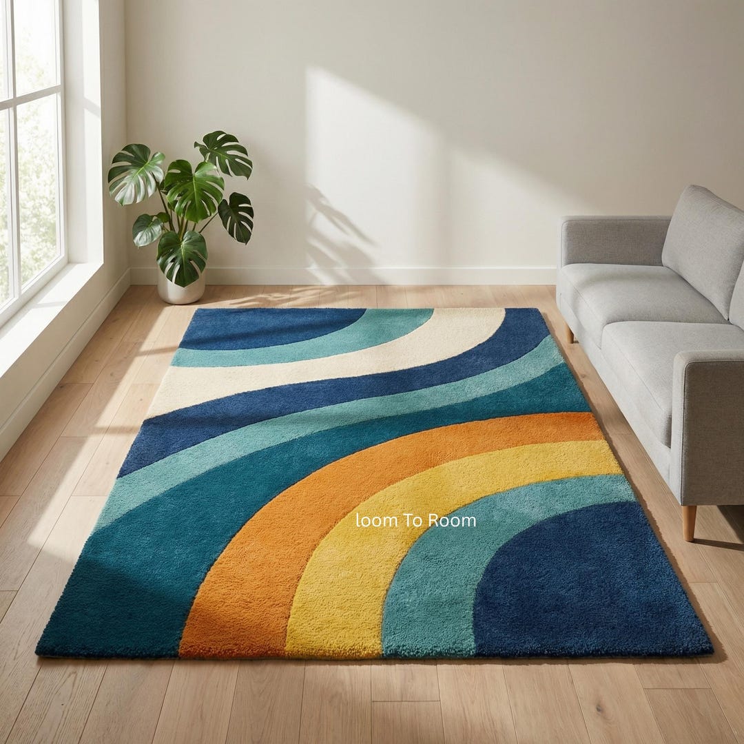 Colorful Rugs Above Colorful Wave Area Rug | Modern Rainbow Curve Wool Carpet | Hand-tufted ...