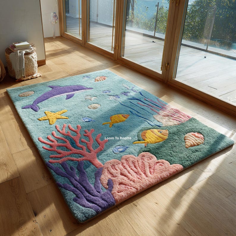 Puede incluir: Alfombra rectangular con una escena submarina. Presenta un delf&iacute;n morado, una estrella de mar amarilla y corales coloridos. El fondo es azul claro, con peces y conchas. La alfombra est&aacute; hecha de un material suave y afelpado.