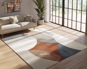 Geometrischer Kurventeppich | Beige Rost Blauer Abstrakter Teppich | Zeitgenössische Wohnzimmer Dekoration