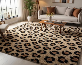 Handgetufteter Teppich Leopard Print: Beige Schwarz Tiermuster, Plüsch Wohnzimmer Dekor (Sondergröße)
