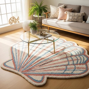 Könnte beinhalten: Ein muschelförmiger Teppich mit cremefarbenem Hintergrund und blau-korallenfarbenen Streifen. Der Teppich besteht aus einem weichen, strukturierten Material und liegt auf einem Holzboden. Der Teppich ist ein dekoratives Element in einem Wohnzimmer. Größe: ca. 150 cm x 120 cm.