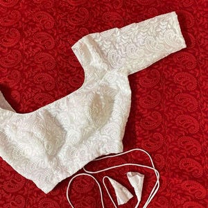 Chikankari Georgette Saree Blouse, Elbow Sleeve U-Neck - Party Wear Blouse...