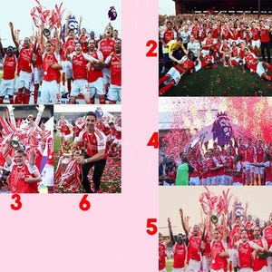 Op de afbeelding: Een collage van zes afbeeldingen met een voetbalteam in rood en wit dat een overwinning viert. De teamleden houden trofeeën vast en worden omringd door confetti. Het Premier League-logo is zichtbaar in sommige afbeeldingen.