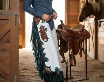 Hand-Tooled Leather Chaps – White Black Fringe Rodeo Gear