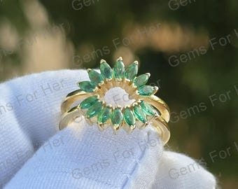 Green Emerald Ring 14k Solid Gold Marquise Cut Emerald Enhancer Wrap Ring Anniversary Wedding Band, Bridal Jewelry