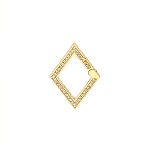 May include: A gold-colored, diamond-shaped clasp with a row of small, clear gemstones around the edges. The clasp has a hinged mechanism on one side for opening and closing.