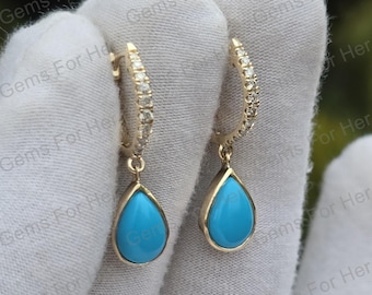 Diamond & Turquoise Dangle Earrings, 14k Yellow Gold Huggie Hoops