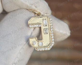 Letter J Diamond Initial Pendant, 14k Gold Alphabet Charm