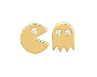 14K Gold Diamond Accented Pacman Mismatch Button Earrings
