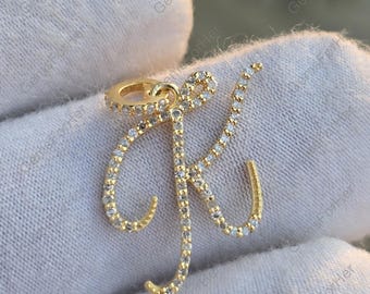 14k Gold Pave Diamond Initial Pendant, Alphabet Charm