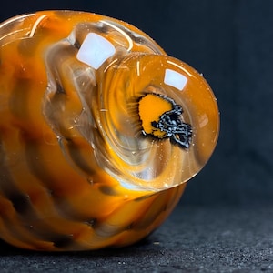 May include: A clear glass art piece with orange and black swirls. The piece has a rounded shape with a small, clear, circular extension. Inside the extension is a black and orange football helmet.