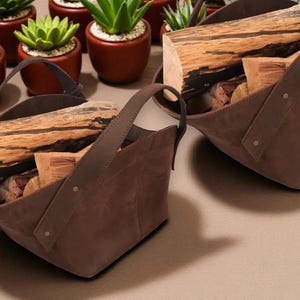 Rustic Leather Firewood Holder | Handmade Log Carrier Basket | Indoor Fireplace Wood Storage Tote | Premium Leather Living Room Accent