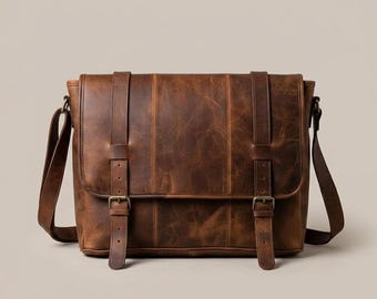 Bolso bandolera de cuero hecho a mano para hombre, bolso bandolera vintage personalizado con estampado de búfalo, bolso de hombro cruzado para la oficina.