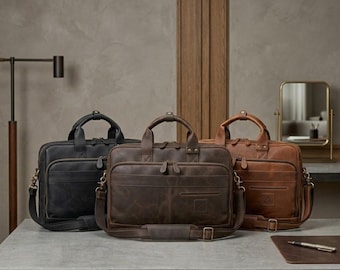 Personalized Vintage Leather Briefcase | Mens Laptop Messenger Bag, Office Travel Bag