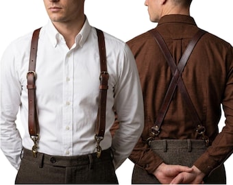 Tirantes de cuero marrón oscuro hechos a mano para hombre, faja lumbar, ajustables, accesorios de estilo rústico vintage.