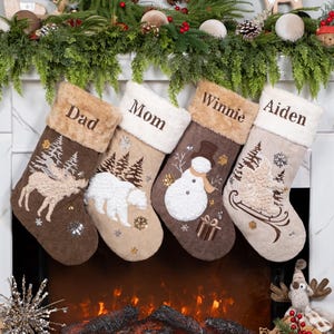 Plush Christmas Stockings Personalized Rustic Stocking Embroidered for Farmhouse X-mas Sequin & Applique Stocking for Family Holiday Decor