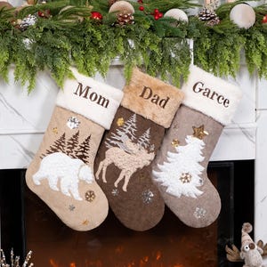 Plush Christmas Stockings Personalized Rustic Stocking Embroidered for Farmhouse X-mas Sequin & Applique Stocking for Family Holiday Decor