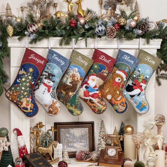 Personalized Christmas Stockings Luxury Vintage Stocking 3D Applique Embroidered Stockings with Name for Family Farmhouse Decor Holiday Gift