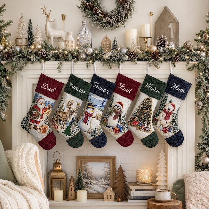 May include: Six personalised Christmas stockings hanging in a row, each featuring a unique holiday scene including Santa, a reindeer, a snowman, a penguin, a Christmas tree, and a polar bear, with names Dad, Connor, Trevor, Levi, Nora, and Mom.