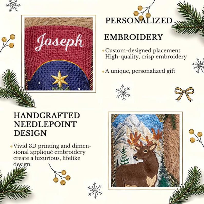 May include: A Christmas stocking featuring personalized white embroidery of the name Joseph on a red fabric cuff above a blue section with a gold star. A second image shows a detailed needlepoint scene of a brown deer in front of mountains.