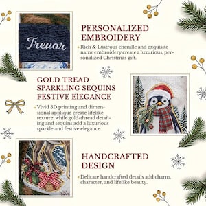 May include: A Christmas stocking product display featuring three sections: a dark blue cuff with the embroidered name Trevor, a penguin wearing a red hat and plaid scarf, and a tapestry-style scene with wrapped gifts and a deer.