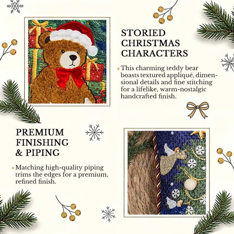 May include: A textile product featuring a brown teddy bear wearing a red Santa hat and a red bow, surrounded by wrapped gifts. Another section shows a blue fabric with embroidered angels, snowflakes, and a Christmas tree with gold trim.