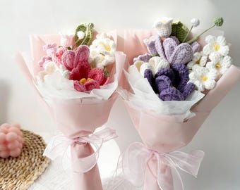 Arreglo floral tejido a mano para mamá, ramo de flores de ganchillo con temática de tulipanes, regalo para mamá, regalo para ella, regalo para hermana.