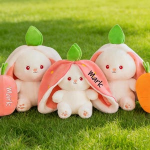 May include: Three plush bunny toys with white bodies, pink ears, and green leaf accents. One bunny has a pink strawberry-shaped accessory, another has a pink hood, and the third has an orange carrot-shaped accessory. Each accessory has the name "Mark" on it.