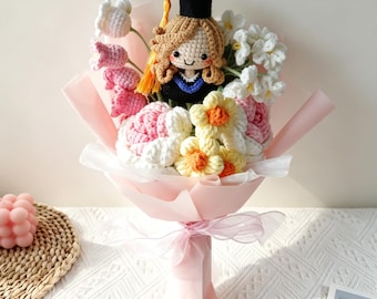 Handmade Crochet Flower Bouquet,Personalized knitted Class of 2026 graduation Crochet flower bouquet with Doll,Crochet Graduation Bouquet