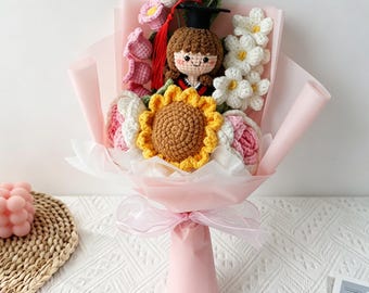 Class of 2026 knitted Crochet flower Graduation bouquet , Custom Handmade flower Bouquet with Doll, Graduation Gift for Her