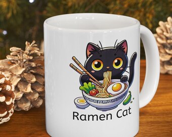 Black Cat Ramen Mug | White Ceramic Coffee Cup (11oz or 15oz)