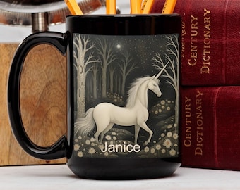 White Unicorn Mug, Ethereal Unicorn, Winter Forest Landscape, Gift for Unicorn Lover, Mythical Black Coffee Cup, Personalized Name Mug 15oz