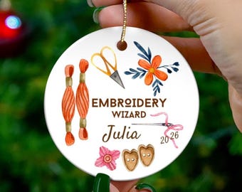 Embroidery Wizard Personal Name Ceramic Ornament | Needle Thread Crochet Grandma