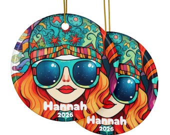 Personalized Retro Mod Girl Ceramic Ornament, Psychedelic Colors