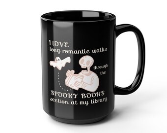 Spooky Books Ghost Mug, Black Ceramic Coffee Cup, Halloween Book Lover Gift (15oz)