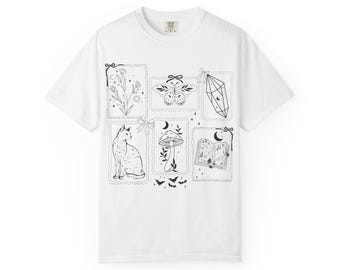 Botanical Moon & Crystal Illustration T-Shirt | Fox, Mushroom, Tarot Art