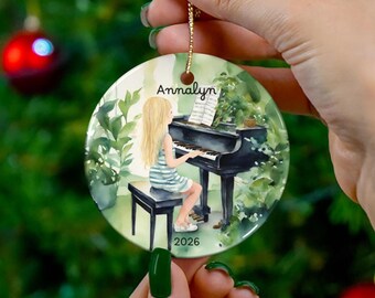 Personalized Baby Grand Piano Ornament Ceramic | Girl with Long Hair, Spring Green Theme